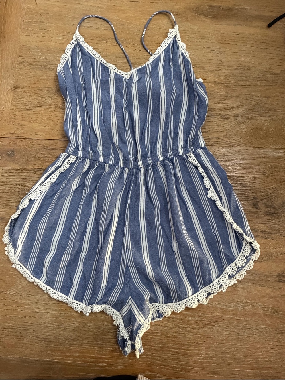 Abercrombie & Fitch Blue and White Striped Lace-Trim Romper